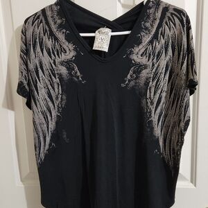 Vocal Black Angel Wing Short Sleeve Top SMALL